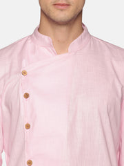Men Solid Colour Slub Cotton Asymmetrical Kurta Pyjama Set