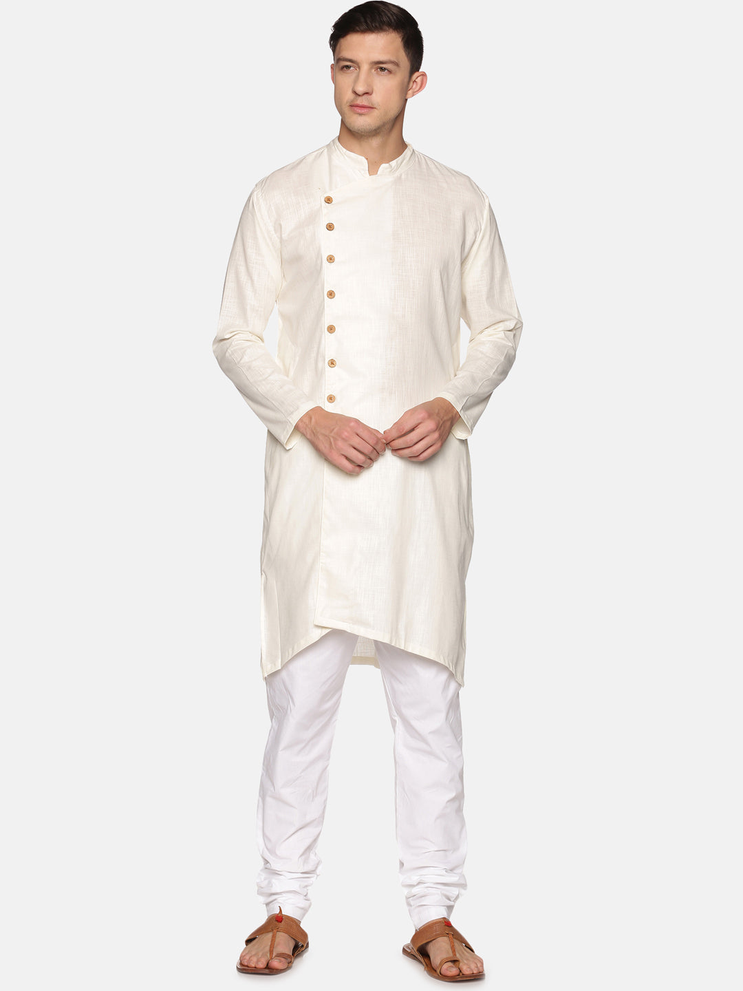 Men Solid Colour Slub Cotton Asymmetrical Kurta Pyjama Set