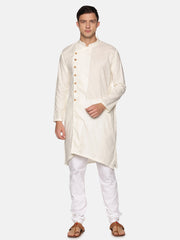 Men Solid Colour Slub Cotton Asymmetrical Kurta Pyjama Set