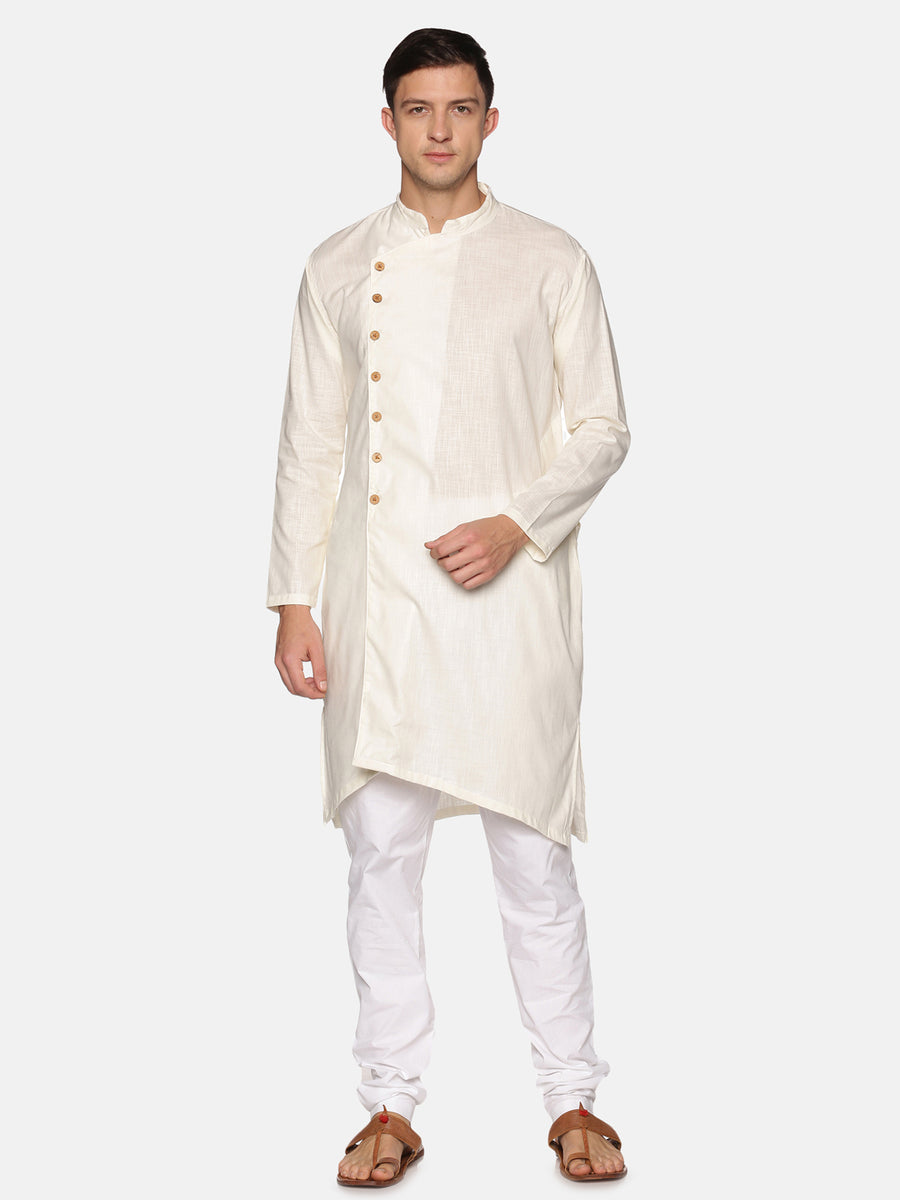 Men Solid Colour Slub Cotton Asymmetrical Kurta Pyjama Set