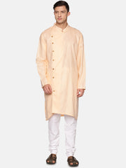 Men Solid Colour Slub Cotton Asymmetrical Kurta Pyjama Set