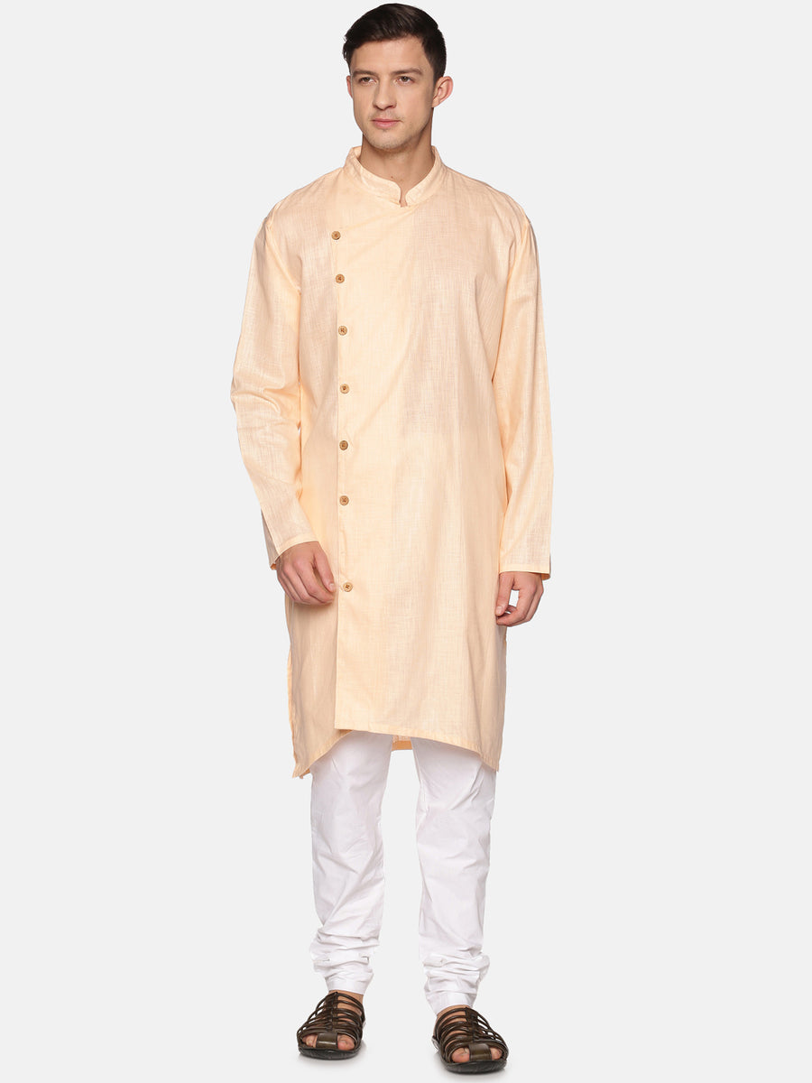 Men Solid Colour Slub Cotton Asymmetrical Kurta Pyjama Set