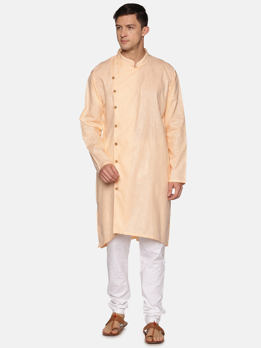 Men Solid Colour Slub Cotton Asymmetrical Kurta Pyjama Set