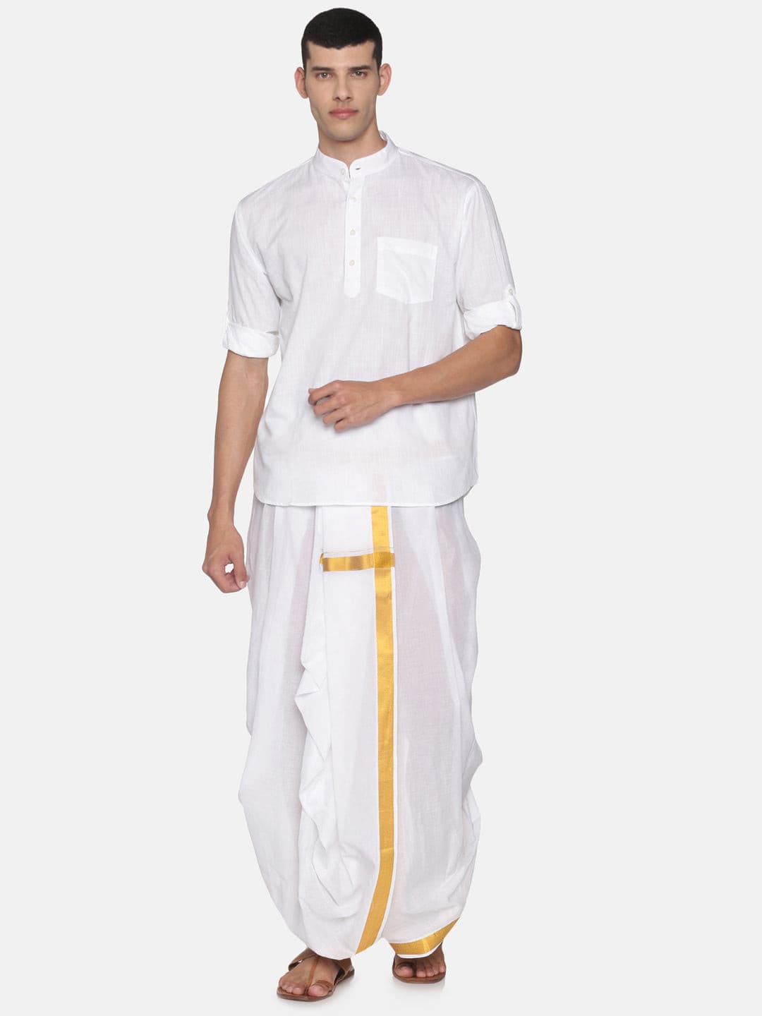Men White Colour Cotton Kurta Dhoti Pant Set