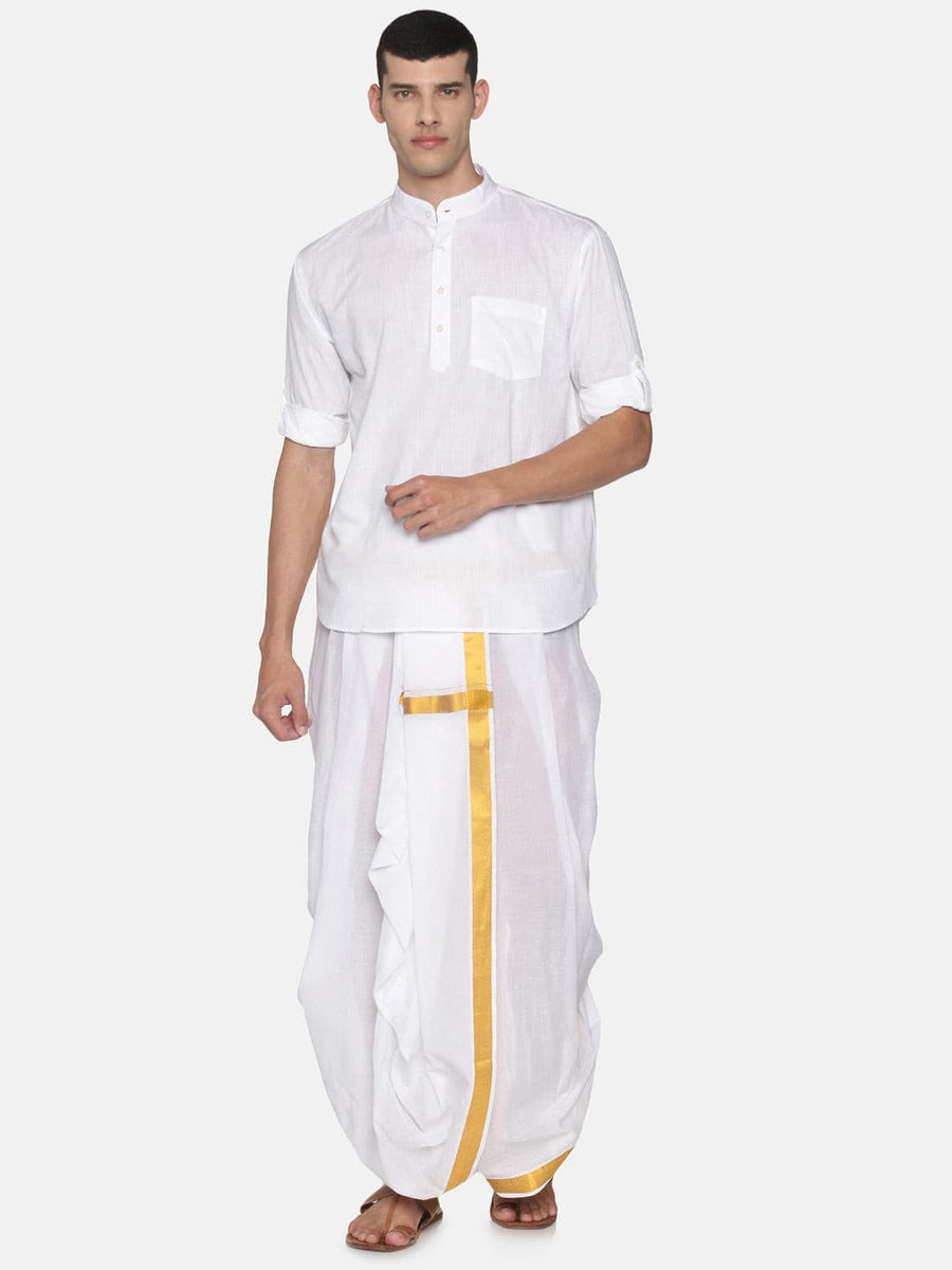 Men White Colour Cotton Kurta Dhoti Pant Set