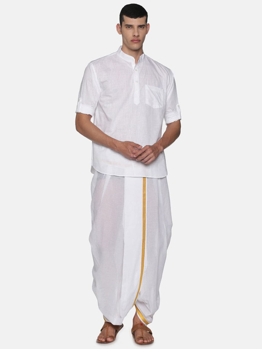 Men White Colour Cotton Kurta Dhoti Pant Set