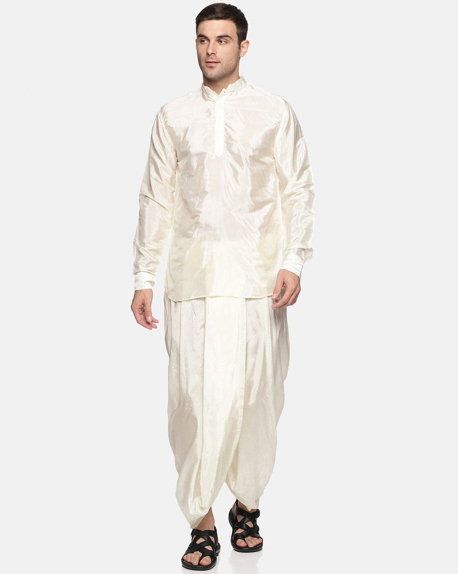 Men Off White Colour Art Silk Kurta Dhoti Pant Set.