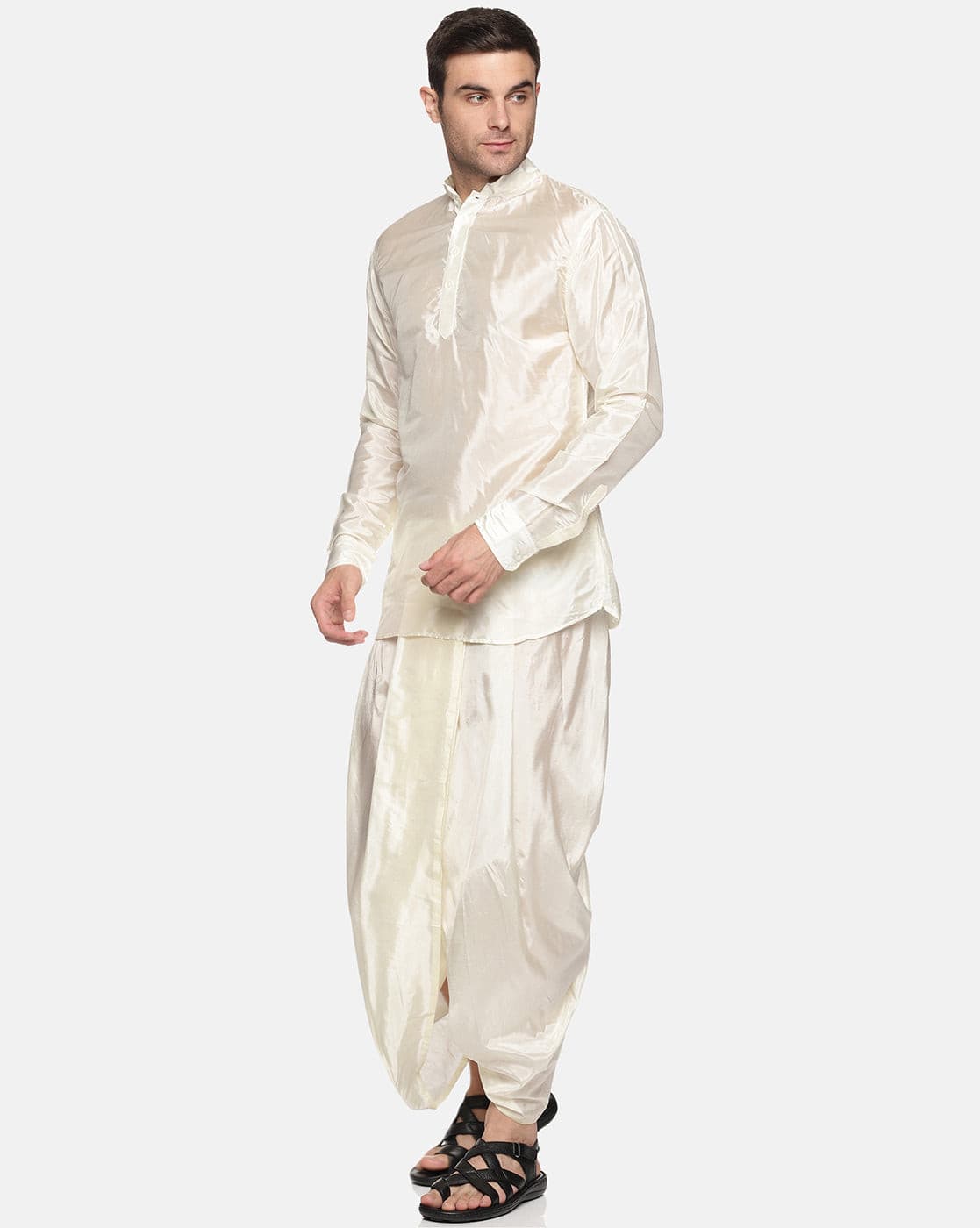 Men Off White Colour Art Silk Kurta Dhoti Pant Set.