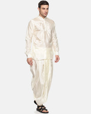 Men Off White Colour Art Silk Kurta Dhoti Pant Set.