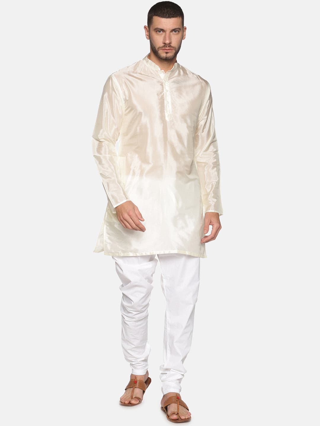 Men Cream Colour Art Silk Kurta Pyjama Set