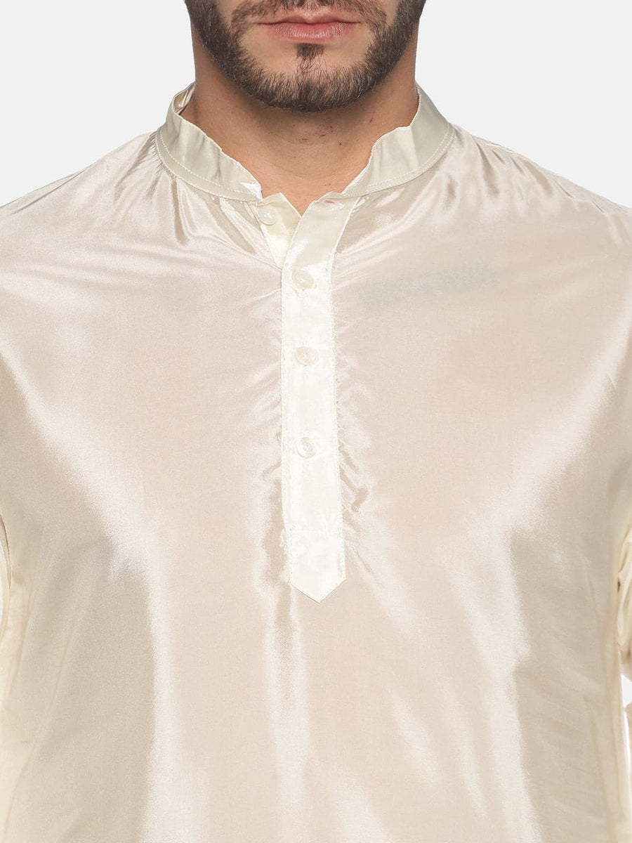 Men Cream Colour Art Silk Kurta Pyjama Set.
