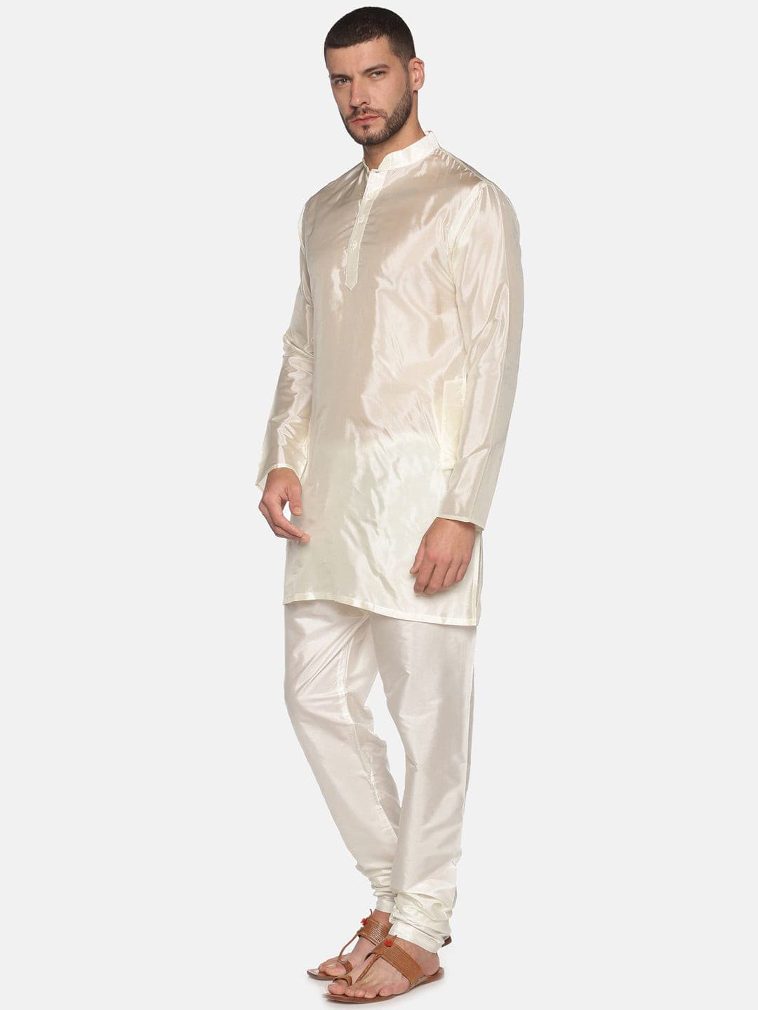 Men Cream Colour Art Silk Kurta Pyjama Set.