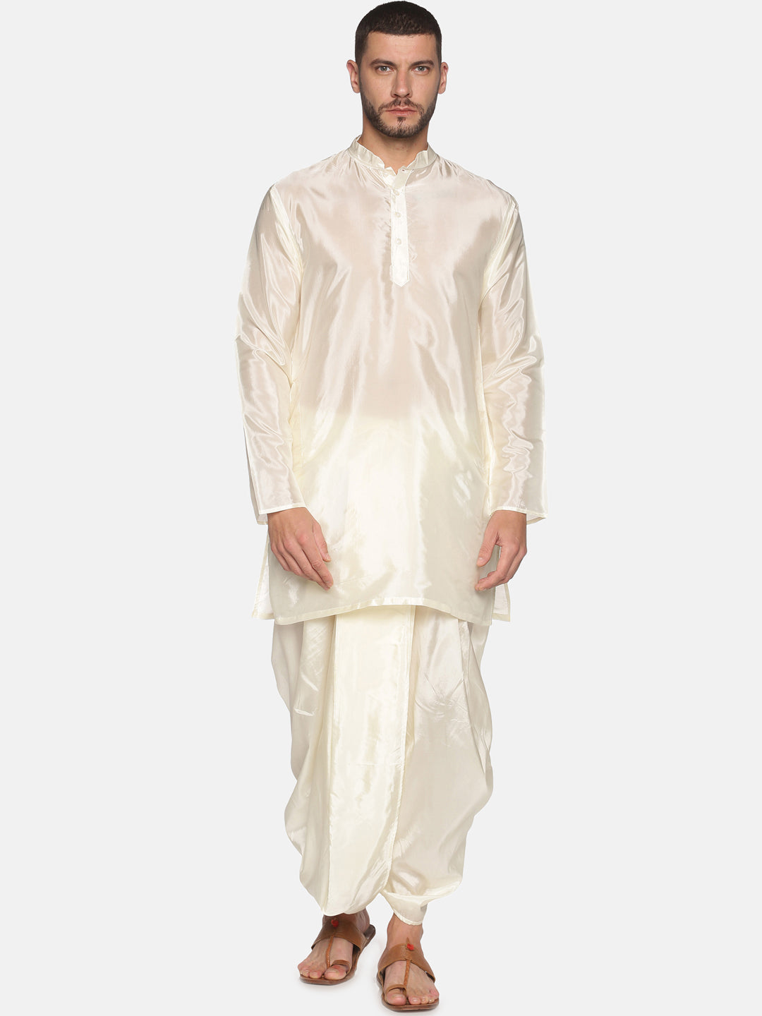 Men Off White Colour Art Silk Kurta Dhoti Pant Set