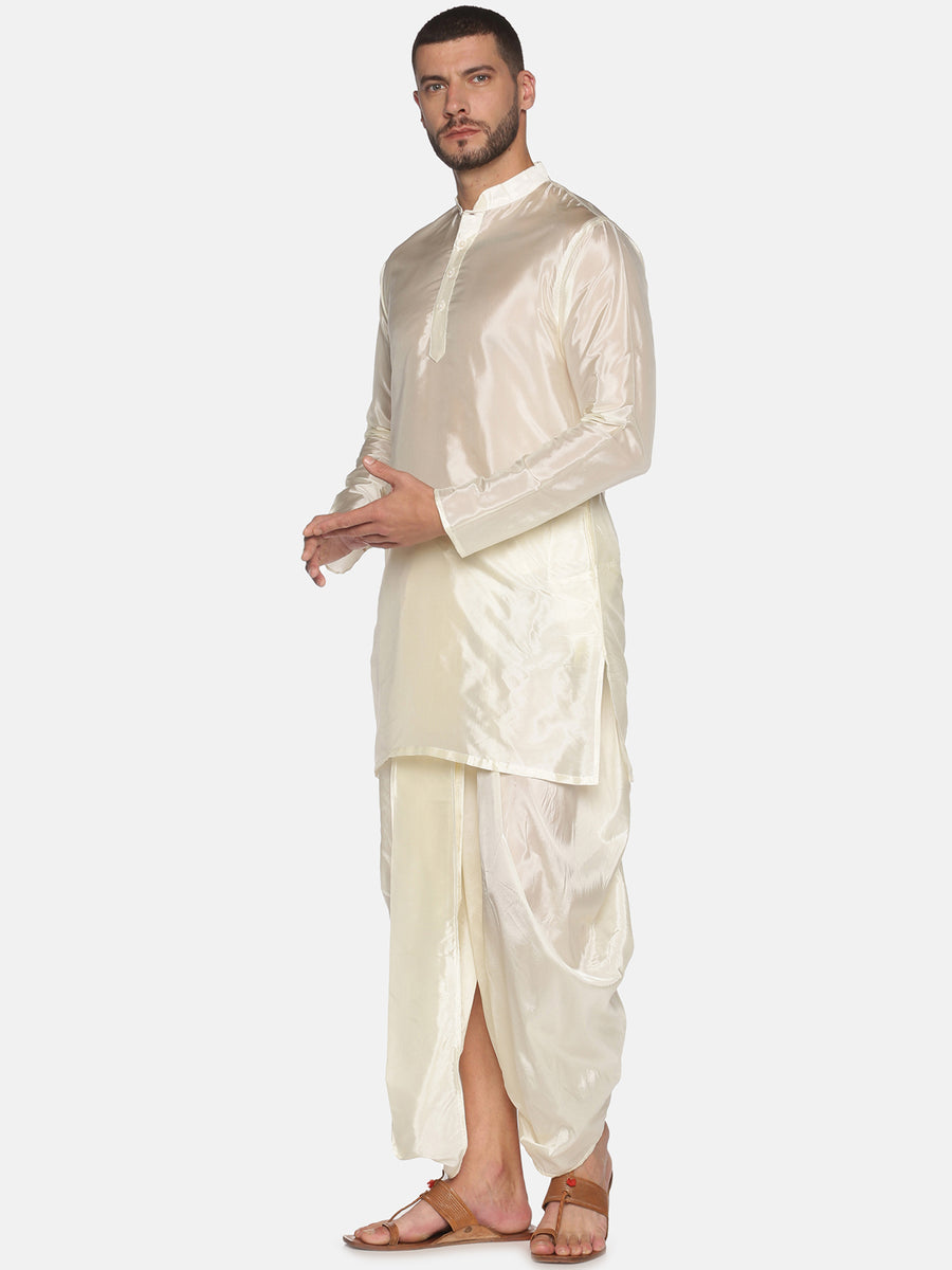 Men Off White Colour Art Silk Kurta Dhoti Pant Set