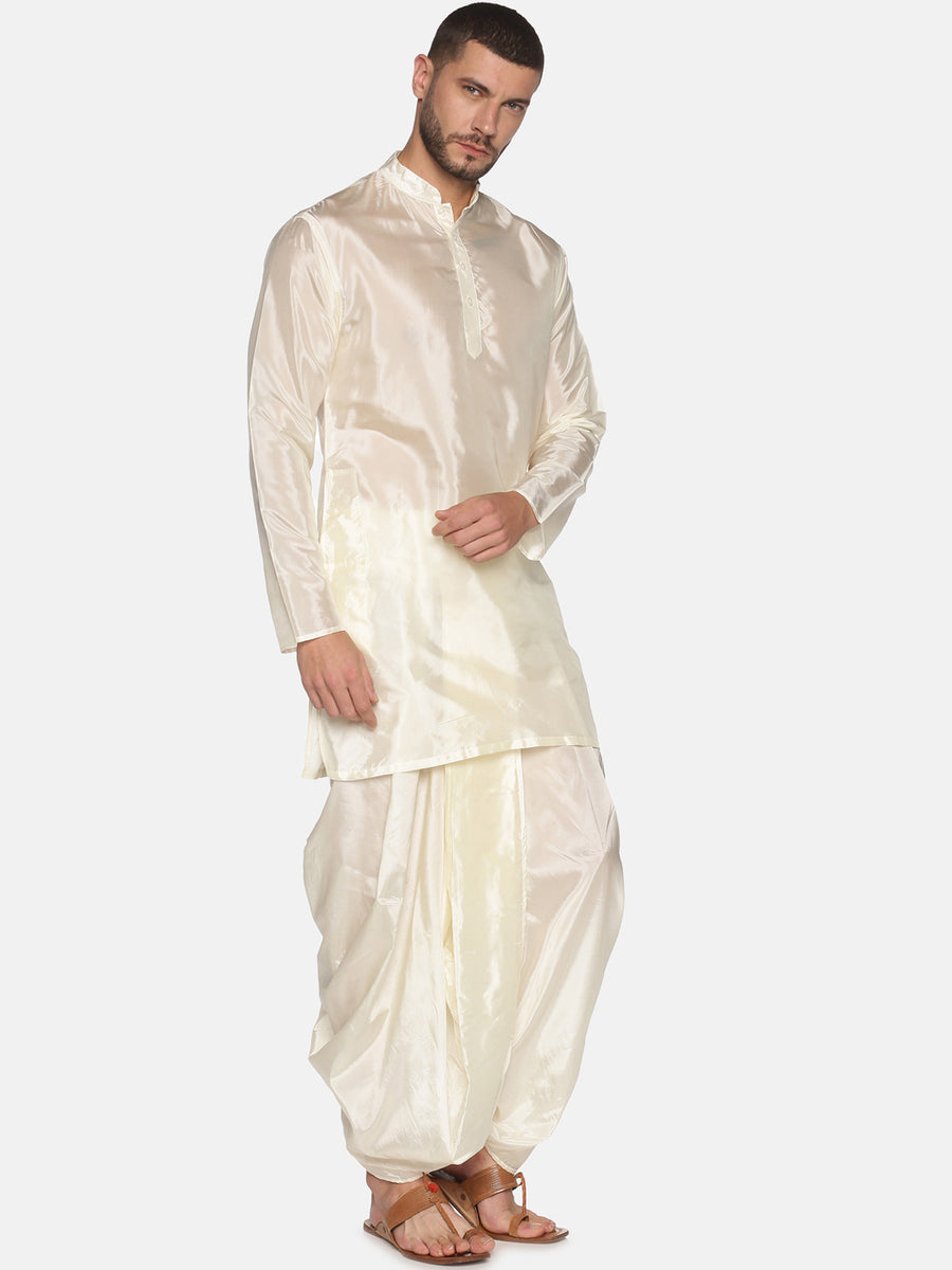 Men Off White Colour Art Silk Kurta Dhoti Pant Set