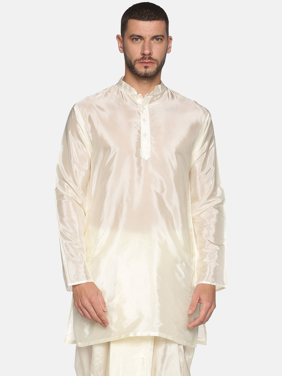 Men Cream Colour Art Silk Long Kurta