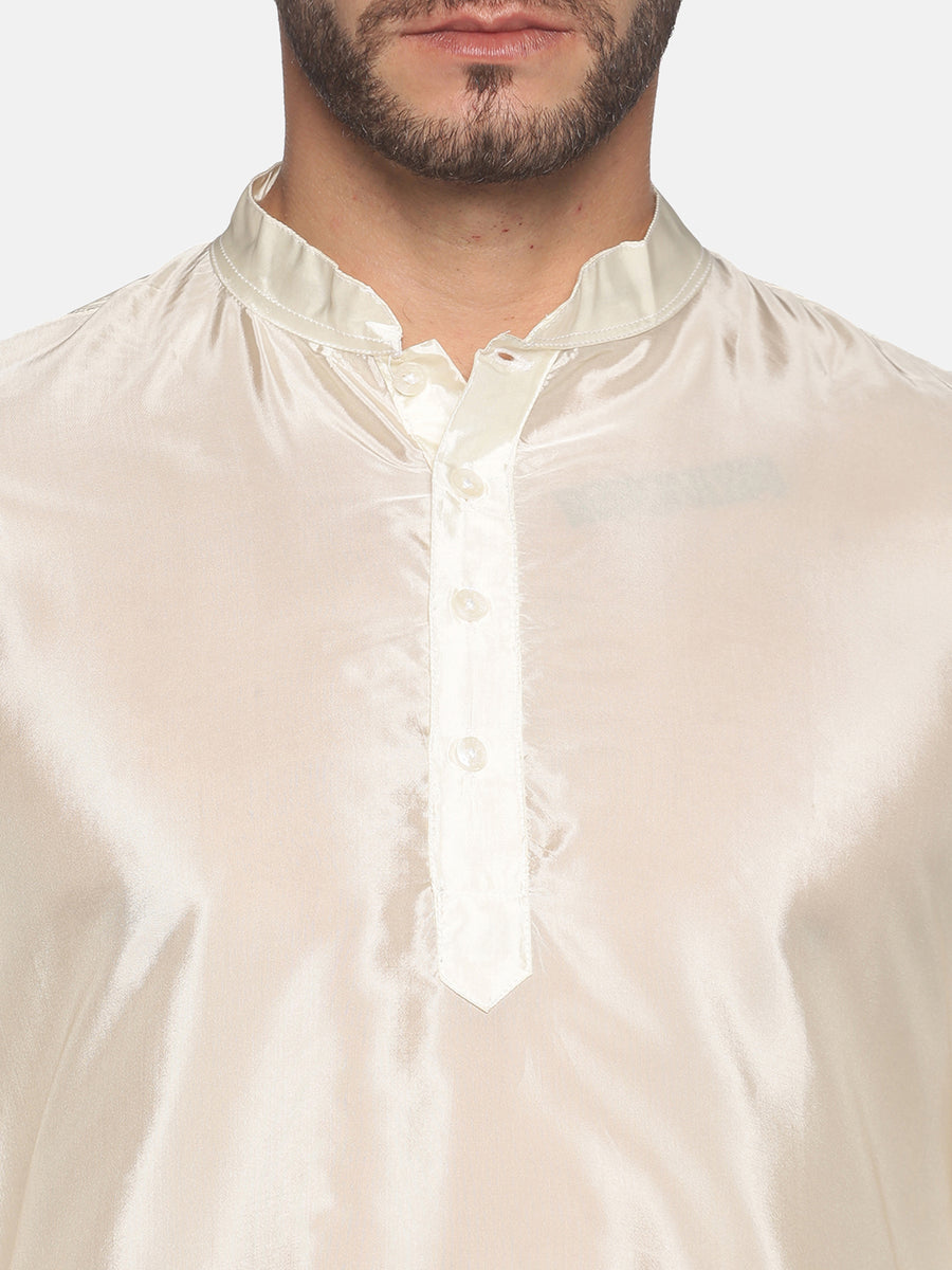 Men Cream Colour Art Silk Long Kurta.