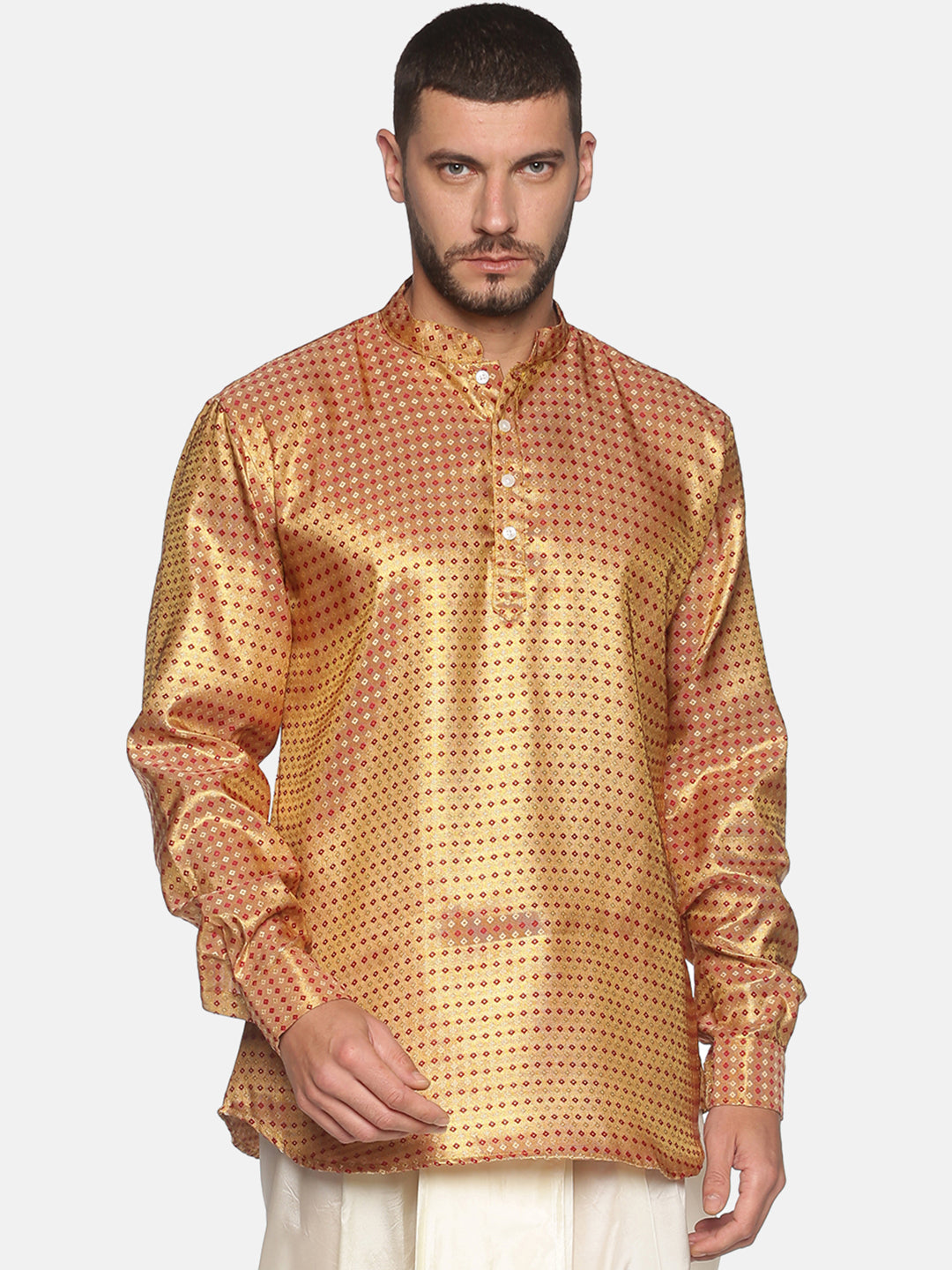 Men Jacquard Red Diamond Short Kurta