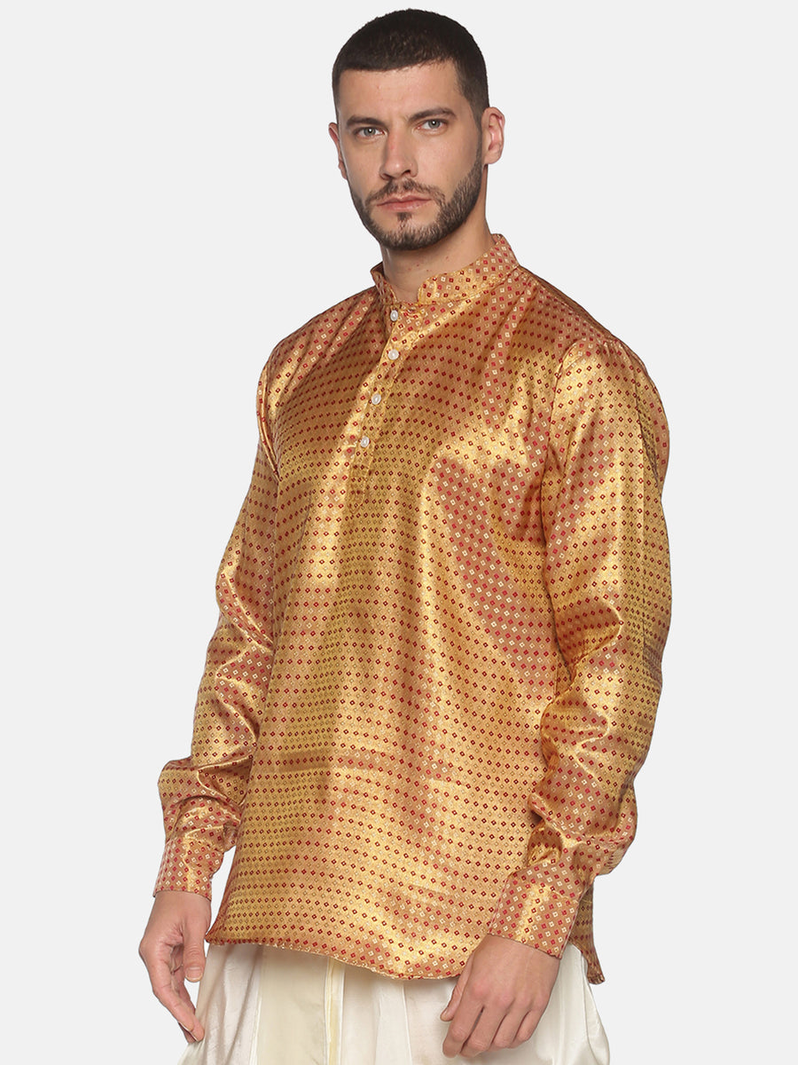 Men Jacquard Red Diamond Short Kurta.