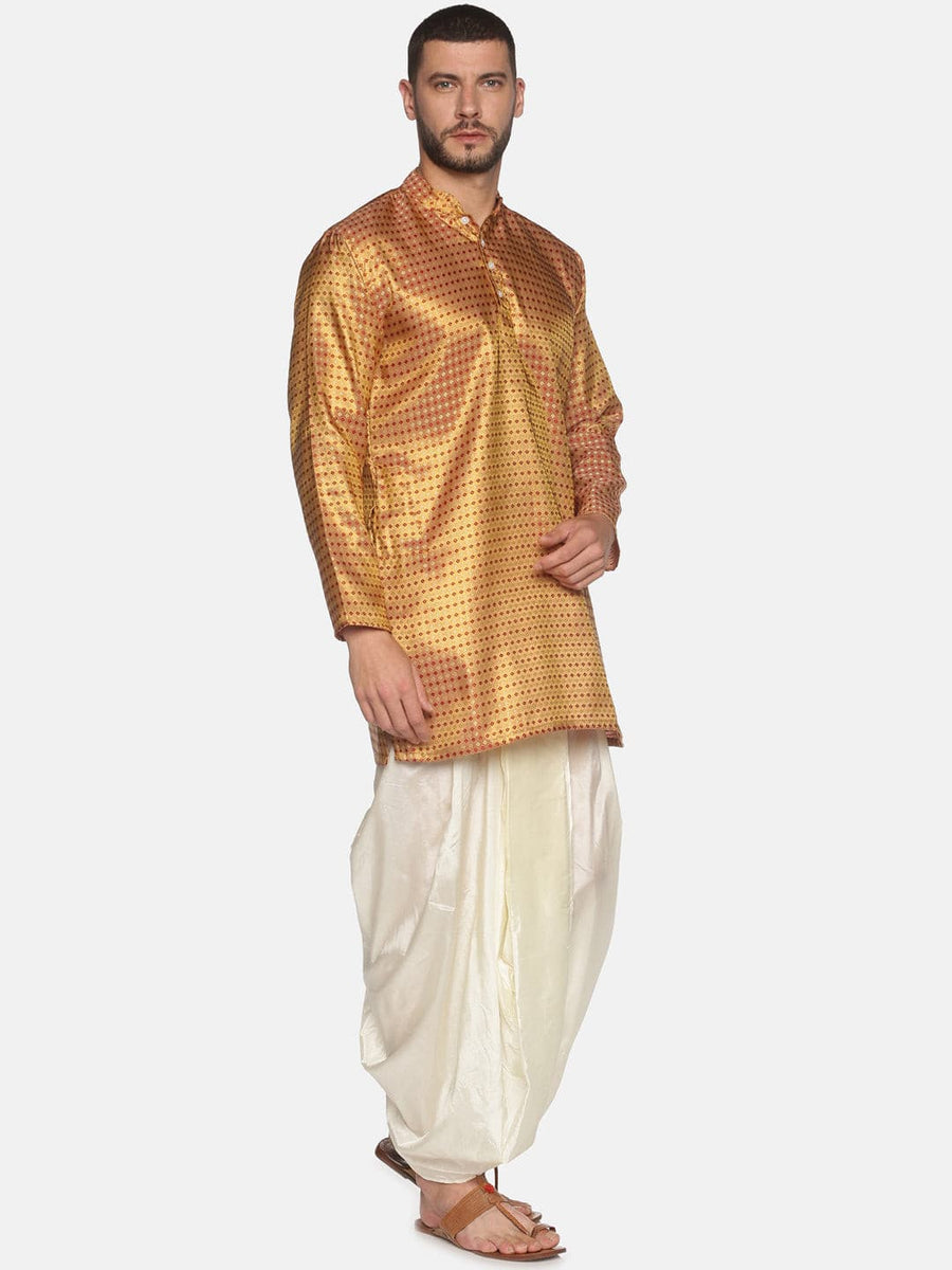 Men Gold Colour Polyester Kurta Dhoti Pant Set