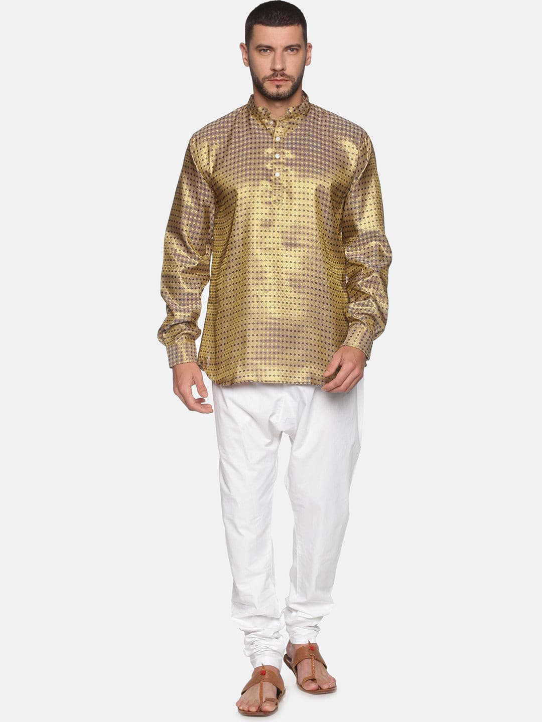 Men Gold Colour Polyester Kurta Pyjama Set