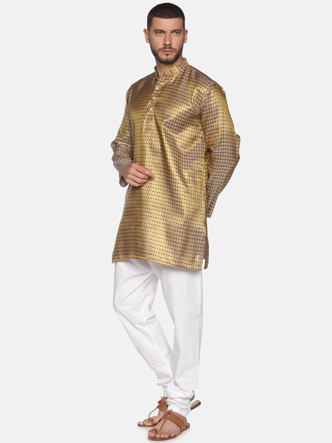 Men Gold Colour Polyester Kurta Pyjama Set