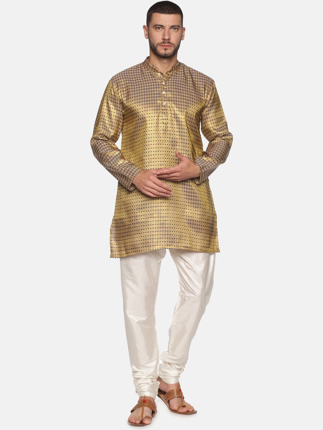 Men Gold Colour Polyester Kurta Pyjama Set SETHUKRISHNA