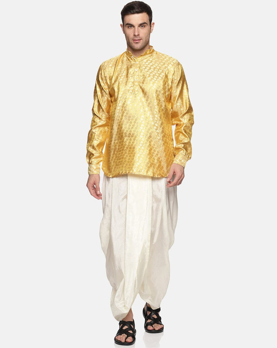 Men Gold Colour Polyester Kurta Dhoti Pant Set.