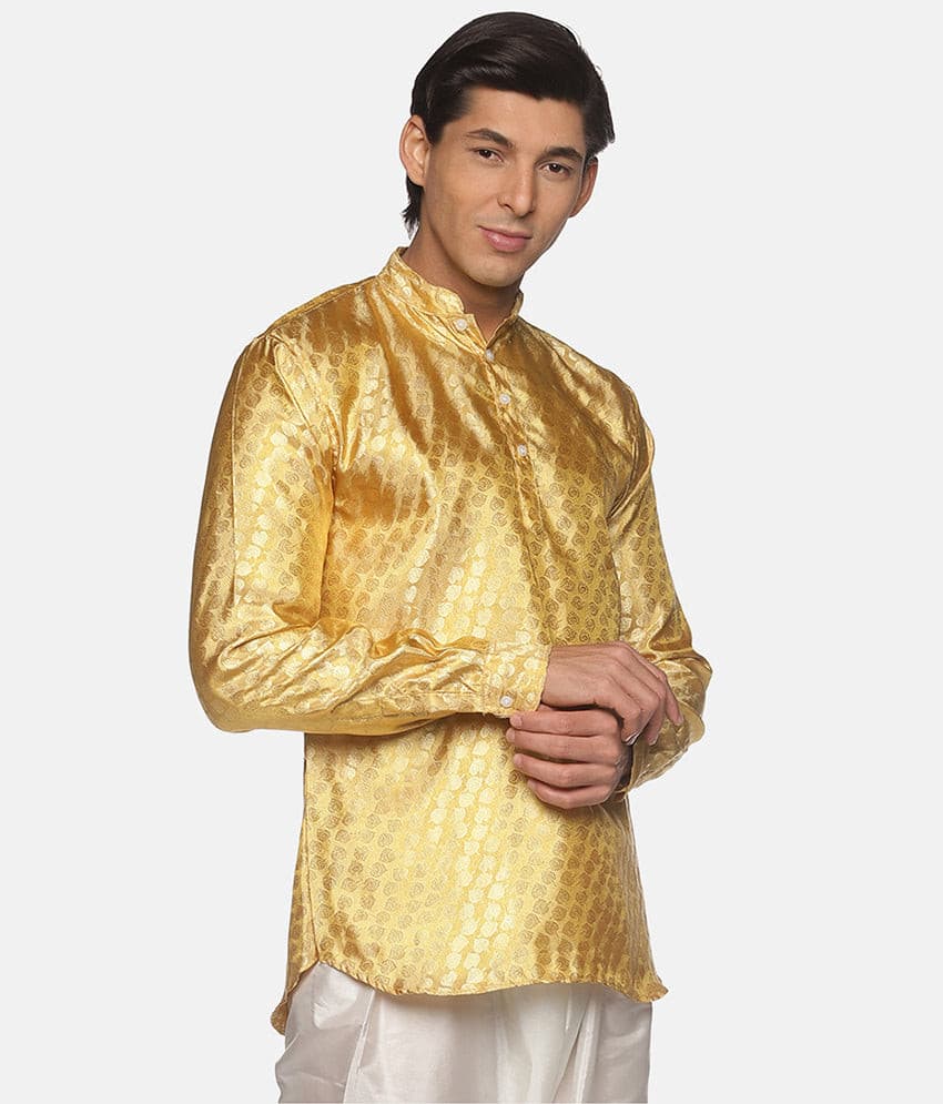 Men Gold Colour  Polyester Kurta.