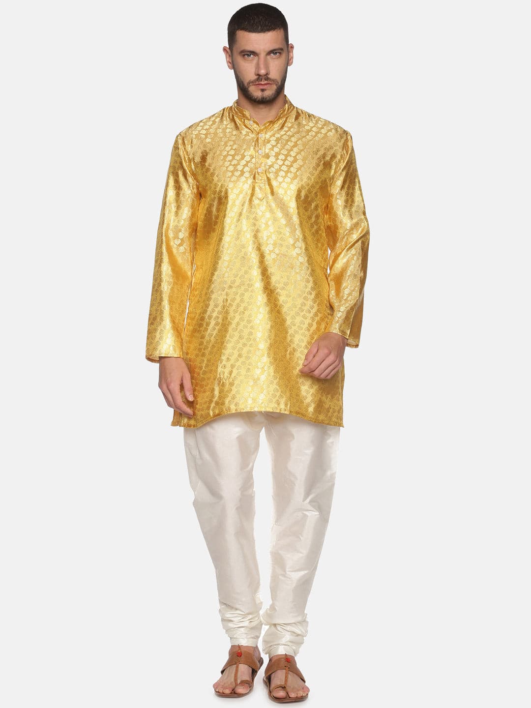 Men Gold Colour Polyester Kurta Pyjama Set