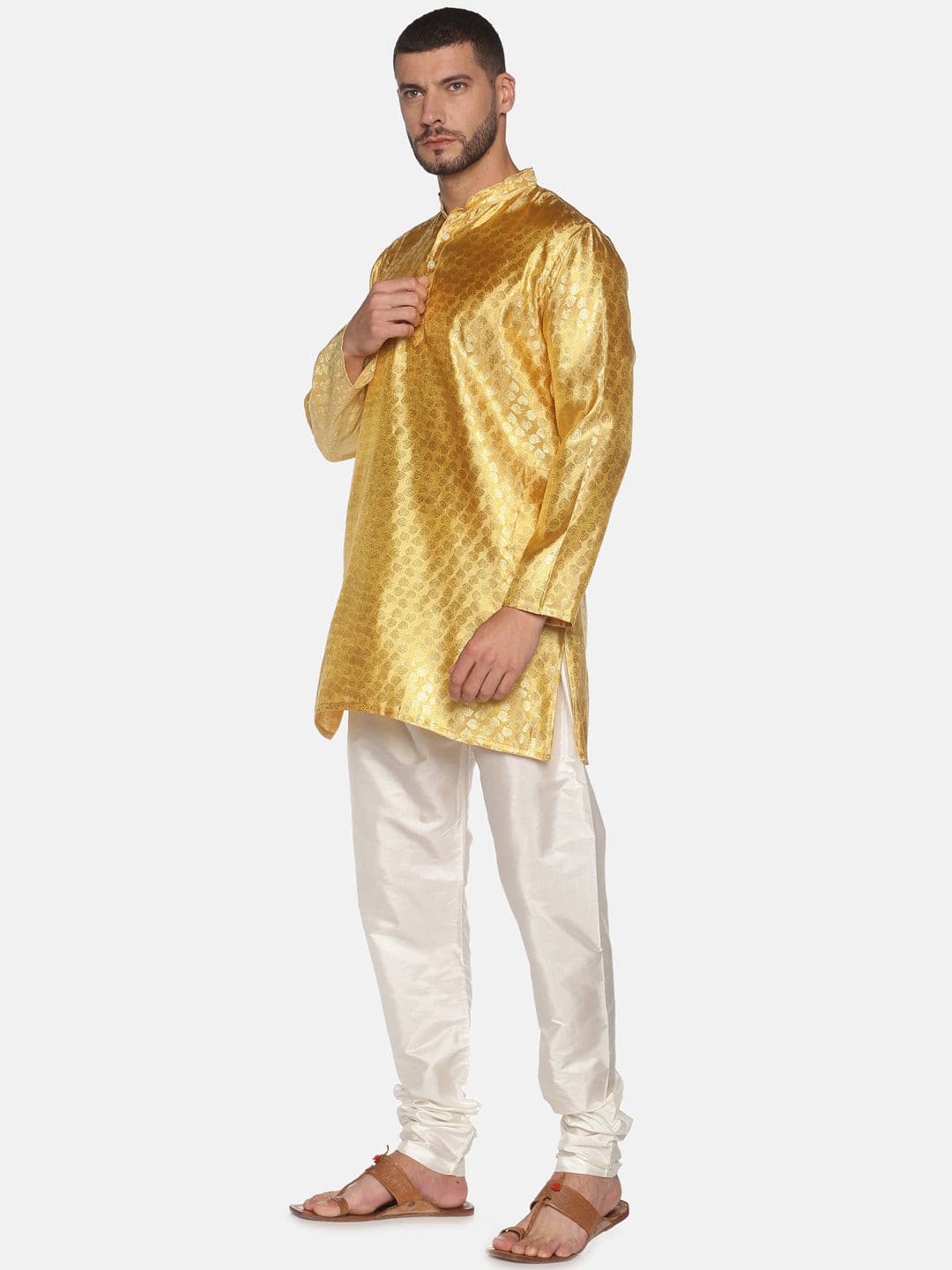 Men Gold Colour Polyester Kurta Pyjama Set
