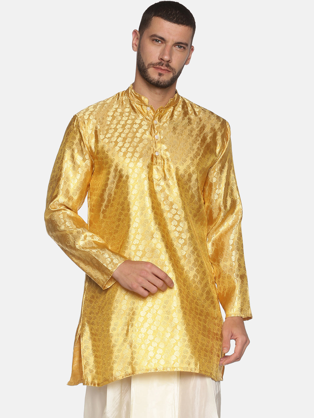 Men Jacquard Gold Leaf Long Kurta