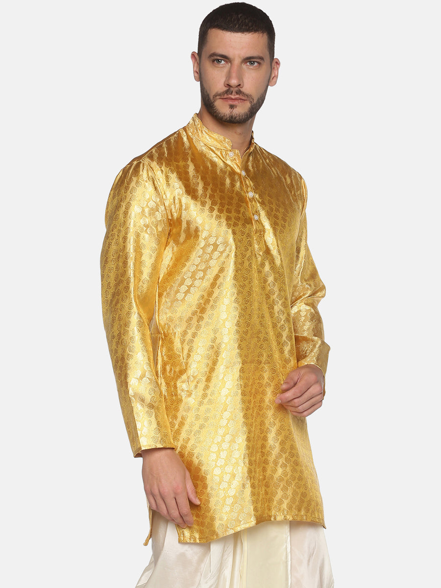 Men Jacquard Gold Leaf Long Kurta.
