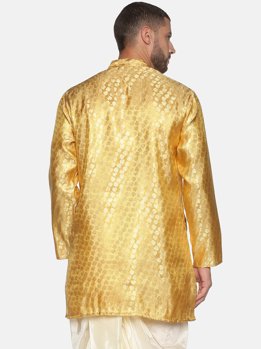 Men Jacquard Gold Leaf Long Kurta.