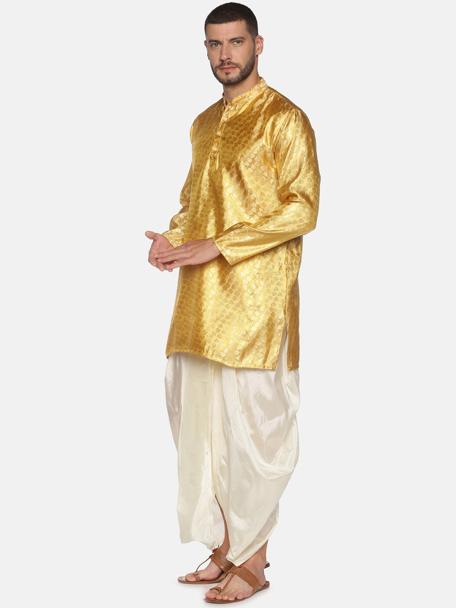 Men Jacquard Gold Leaf Long Kurta.