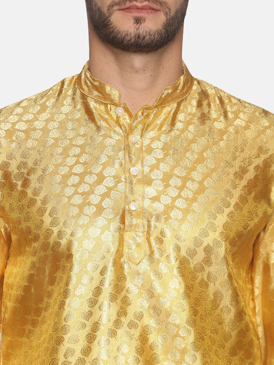 Men Jacquard Gold Leaf Long Kurta.