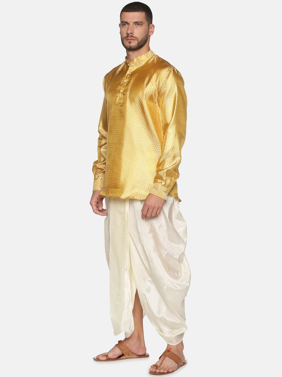 Men Gold Colour Polyester Kurta Dhoti Pant Set