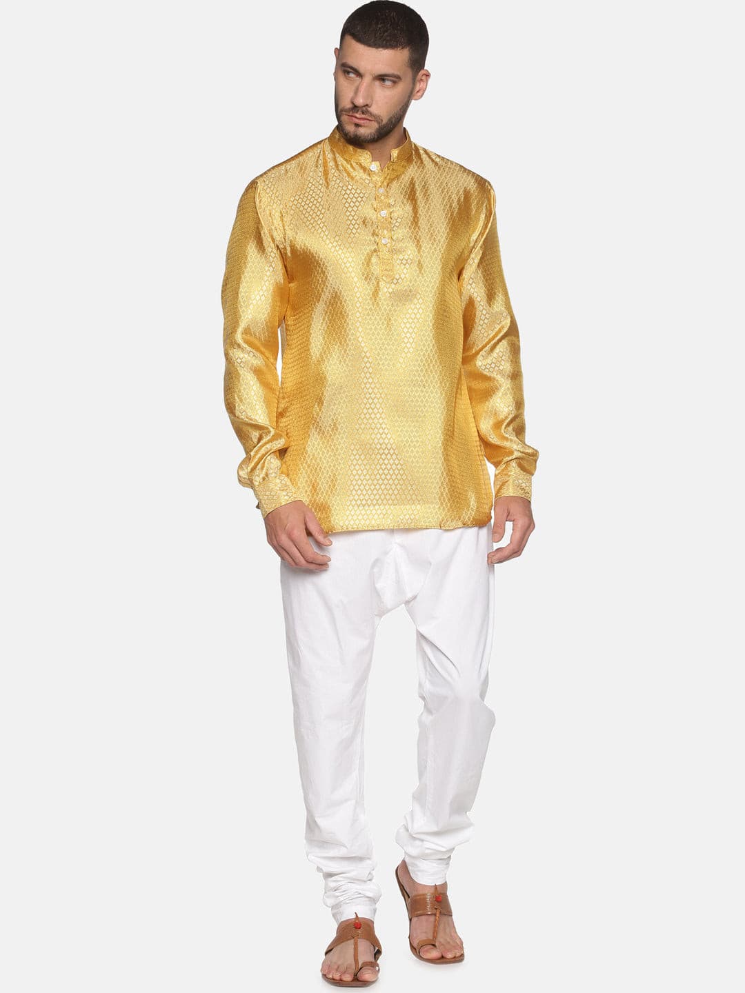 Men Gold Colour Polyester Kurta Pyjama Set