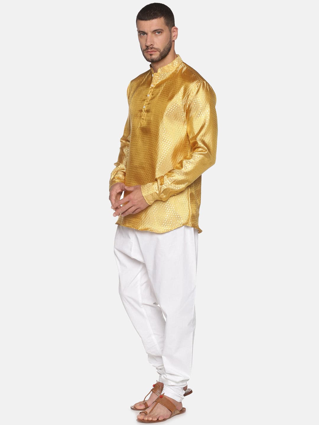 Men Gold Colour Polyester Kurta Pyjama Set