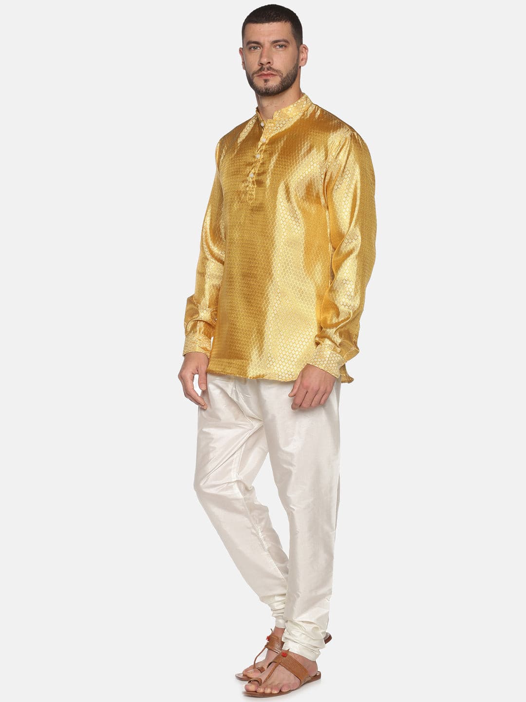 Men Gold Colour Polyester Kurta Pyjama Set