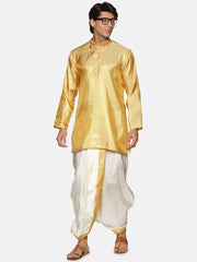 Men Gold Colour Polyester Kurta Dhoti Pant Set.