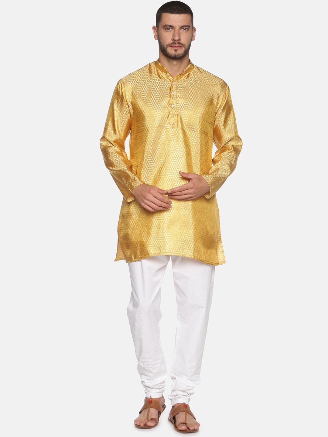 Men Gold Colour Polyester Kurta Pyjama Set