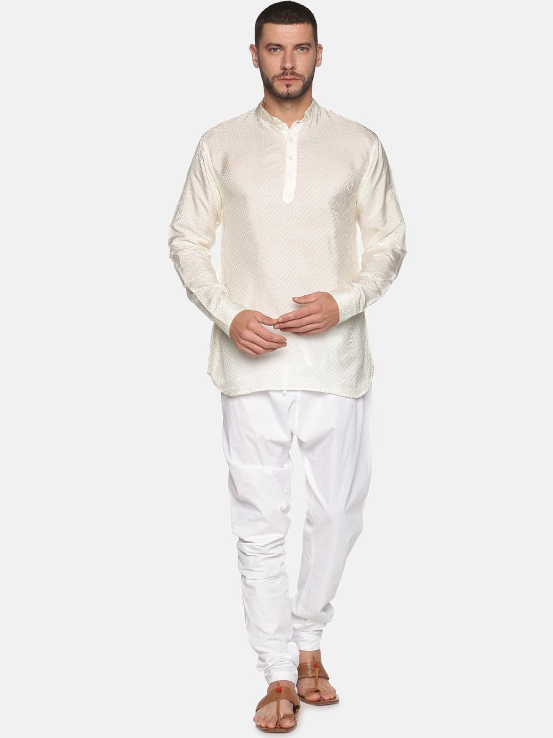 Men Cream Colour Art Silk Kurta Pyjama Set