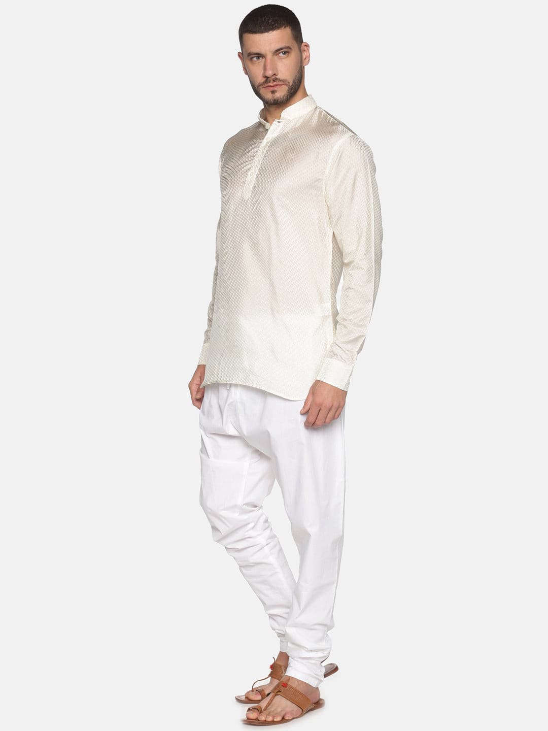 Men Cream Colour Art Silk Kurta Pyjama Set.