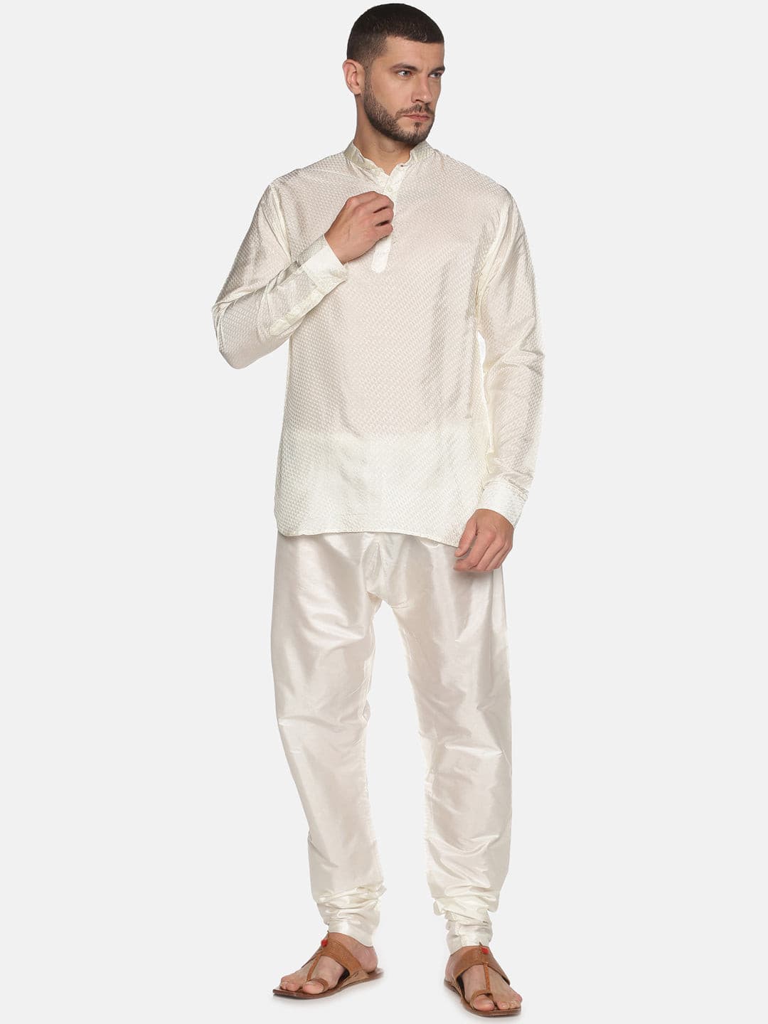 Men Cream Colour Art Silk Kurta Pyjama Set