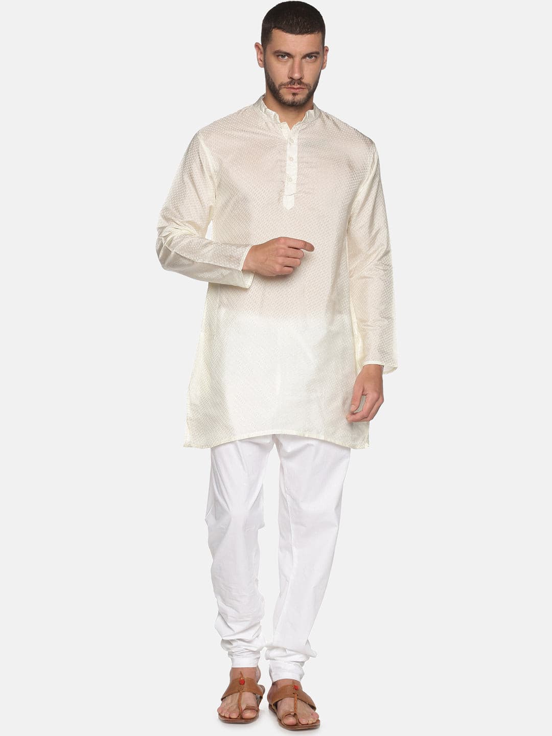 Men Cream Colour Art Silk Kurta Pyjama Set