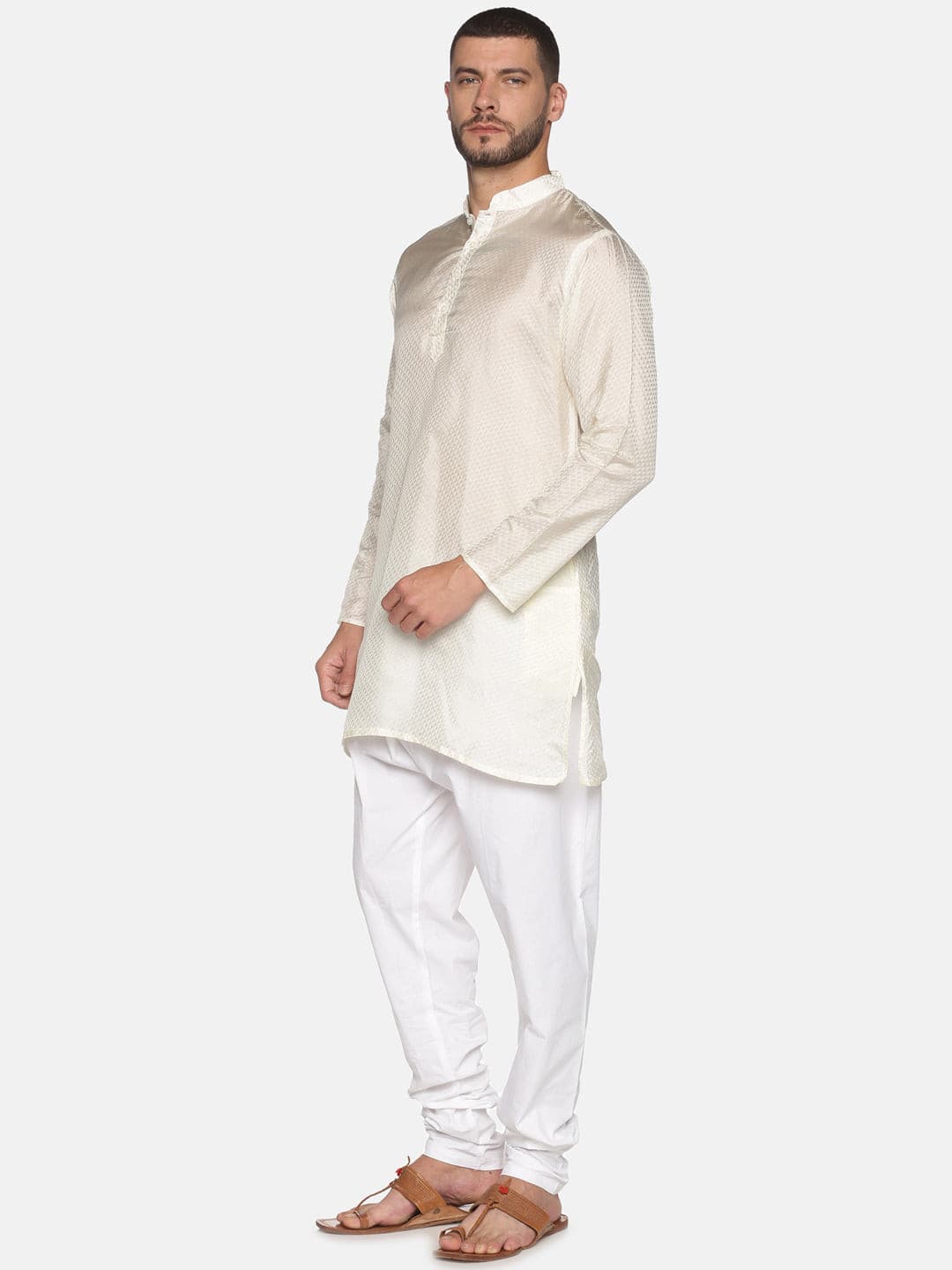 Men Cream Colour Art Silk Kurta Pyjama Set.