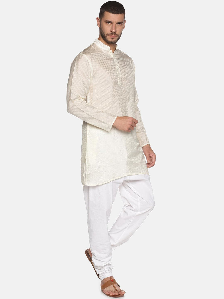 Men Cream Colour Art Silk Kurta Pyjama Set.