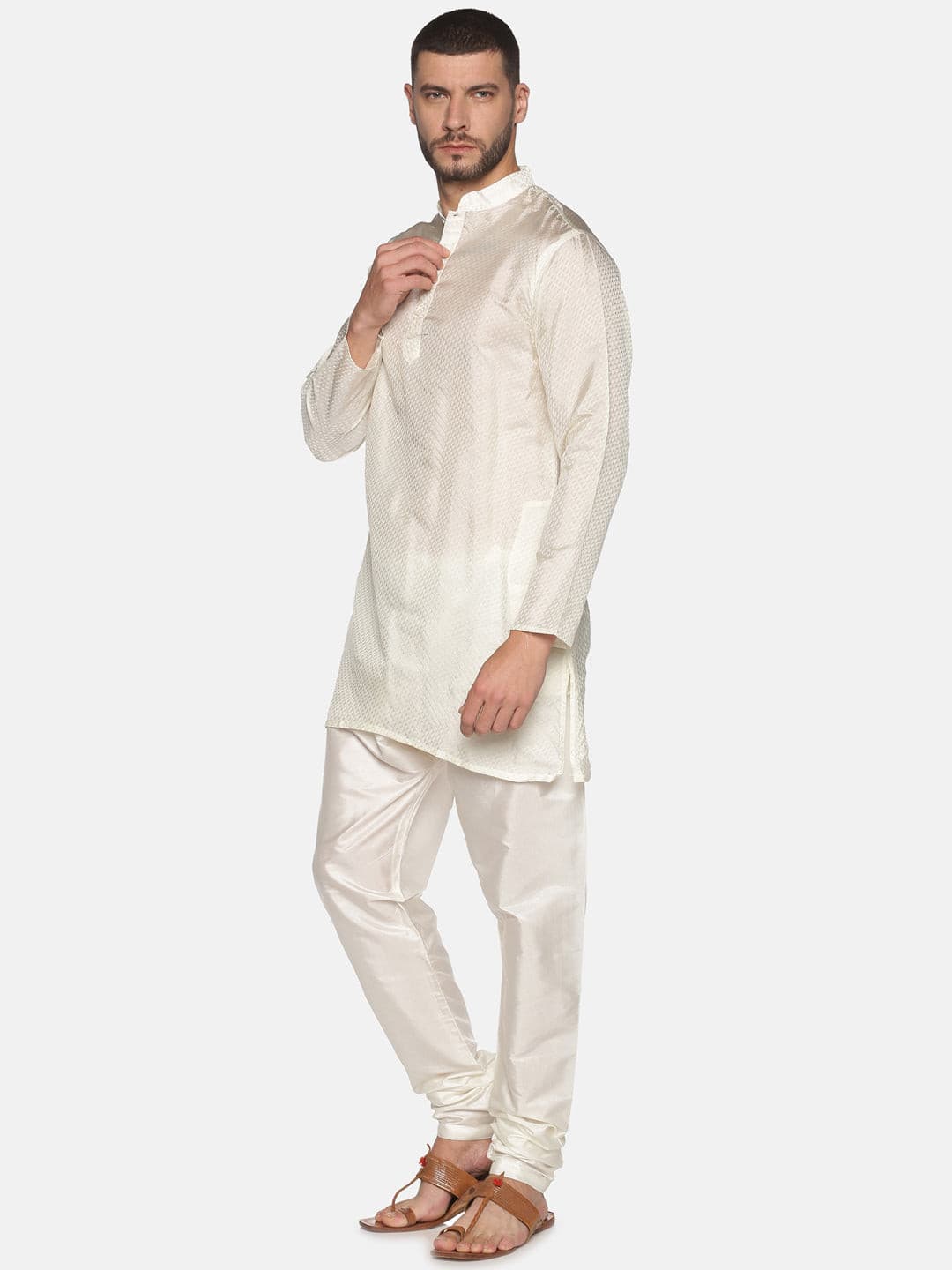 Men Cream Colour Art Silk Kurta Pyjama Set.