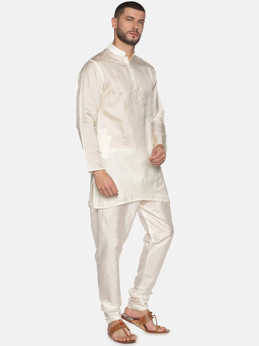 Men Cream Colour Art Silk Kurta Pyjama Set.